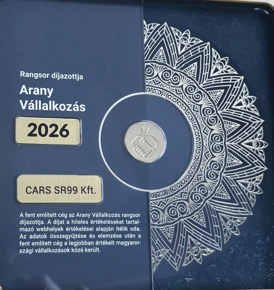 Arany Vállalkozás 2026 plakett: Rangsor díjazottja, CARS SR99 Kft.